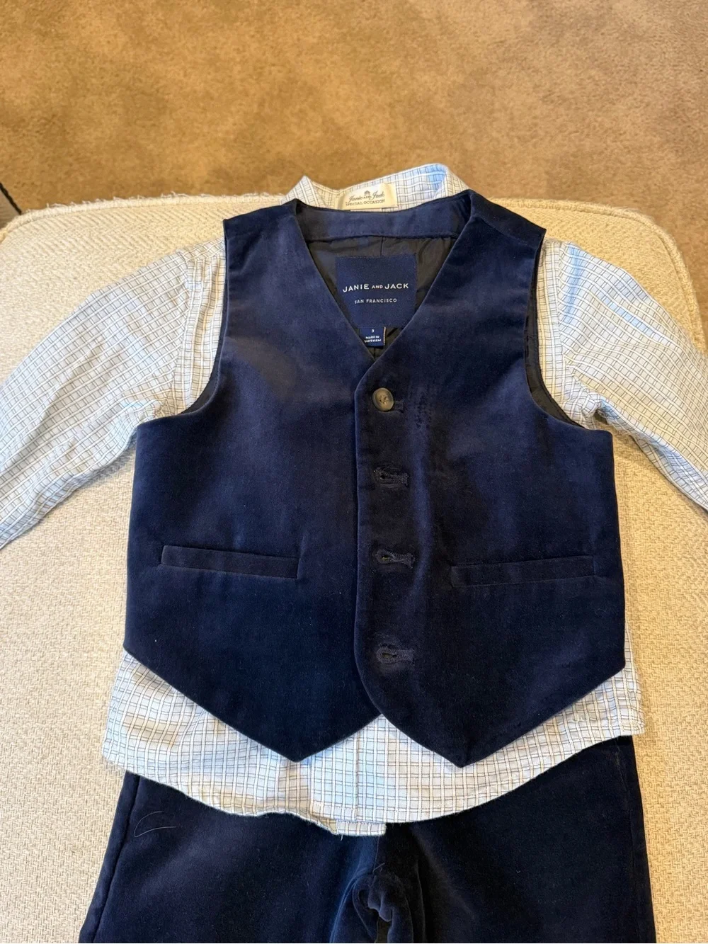 Janie and Jack Navy Velvet Special Occasion Vest & Pants Set with Dress Shirt